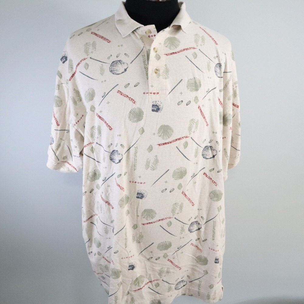 Van Heusen Polo Shirt Mens Large Over Easy Beach Sea Shell Golf Short Sleeve